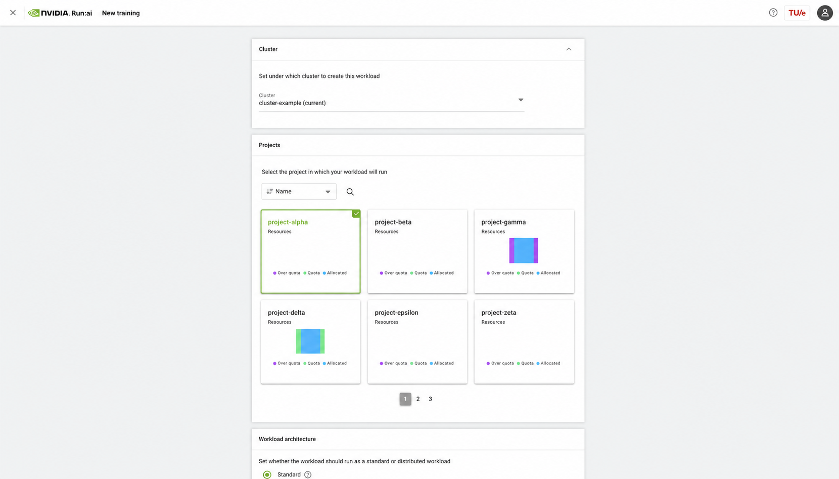 Run:ai New training form with a synthetic cluster and project-alpha selected