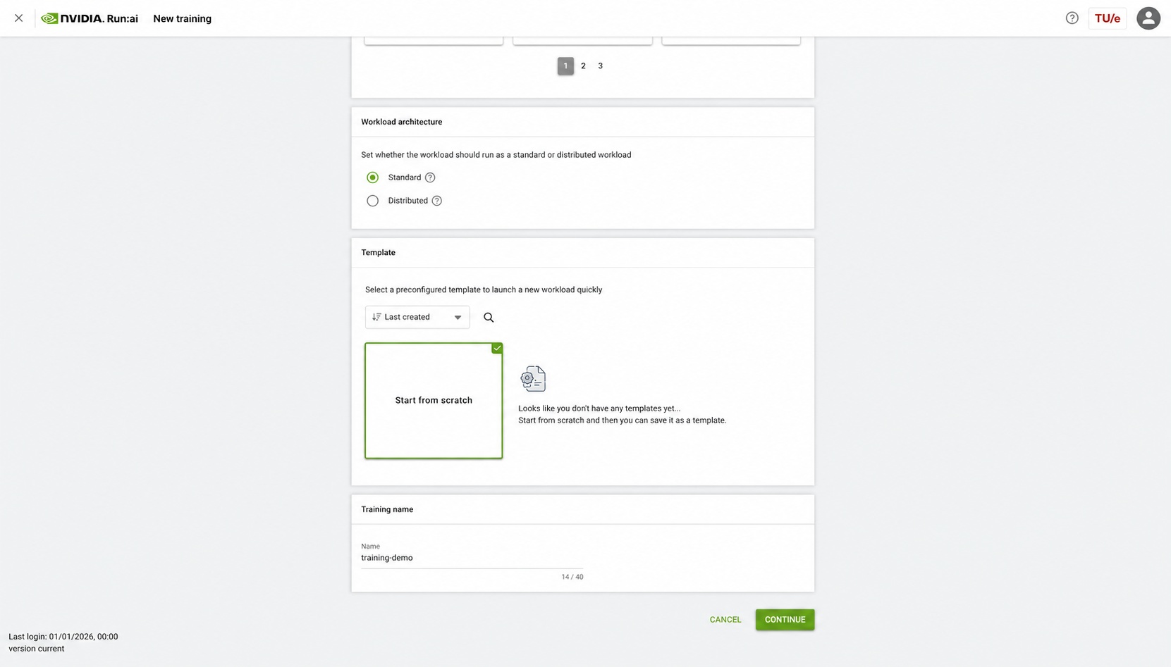 Run:ai New training form with standard architecture, no saved template, and training-demo as the synthetic name