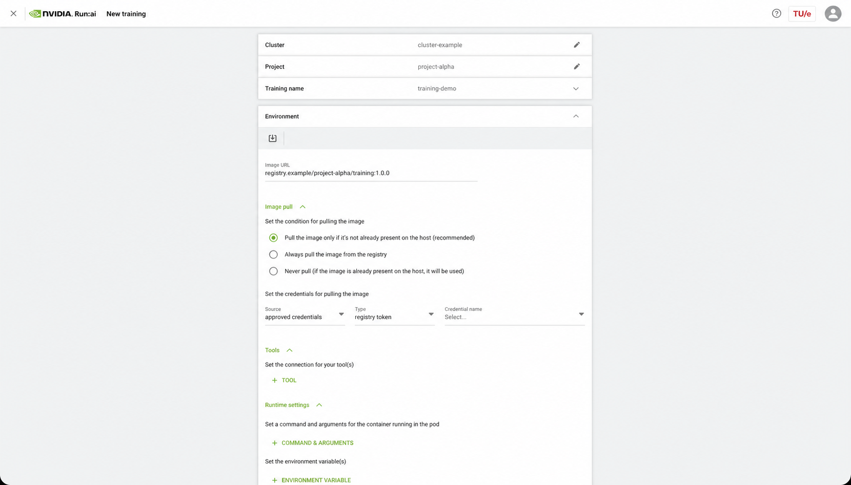 Run:ai New training environment form showing a synthetic Harbor image, pull policy, and approved credentials label