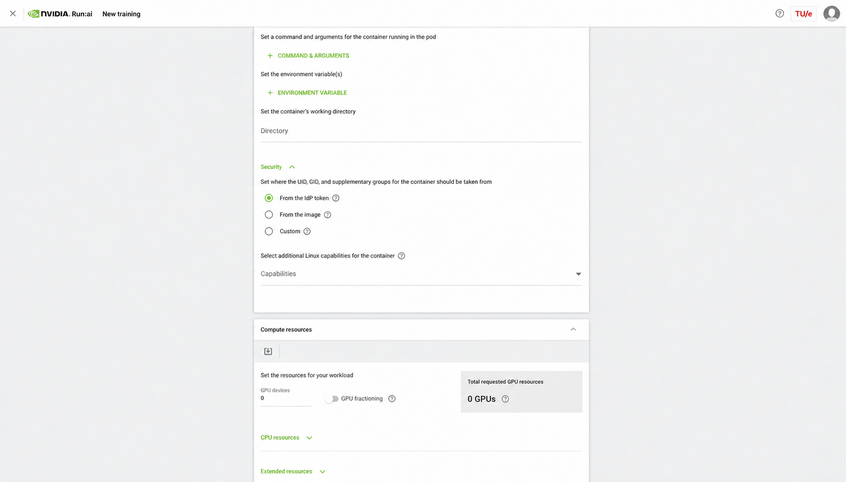 Run:ai New training form showing container security choices and synthetic compute-resource controls
