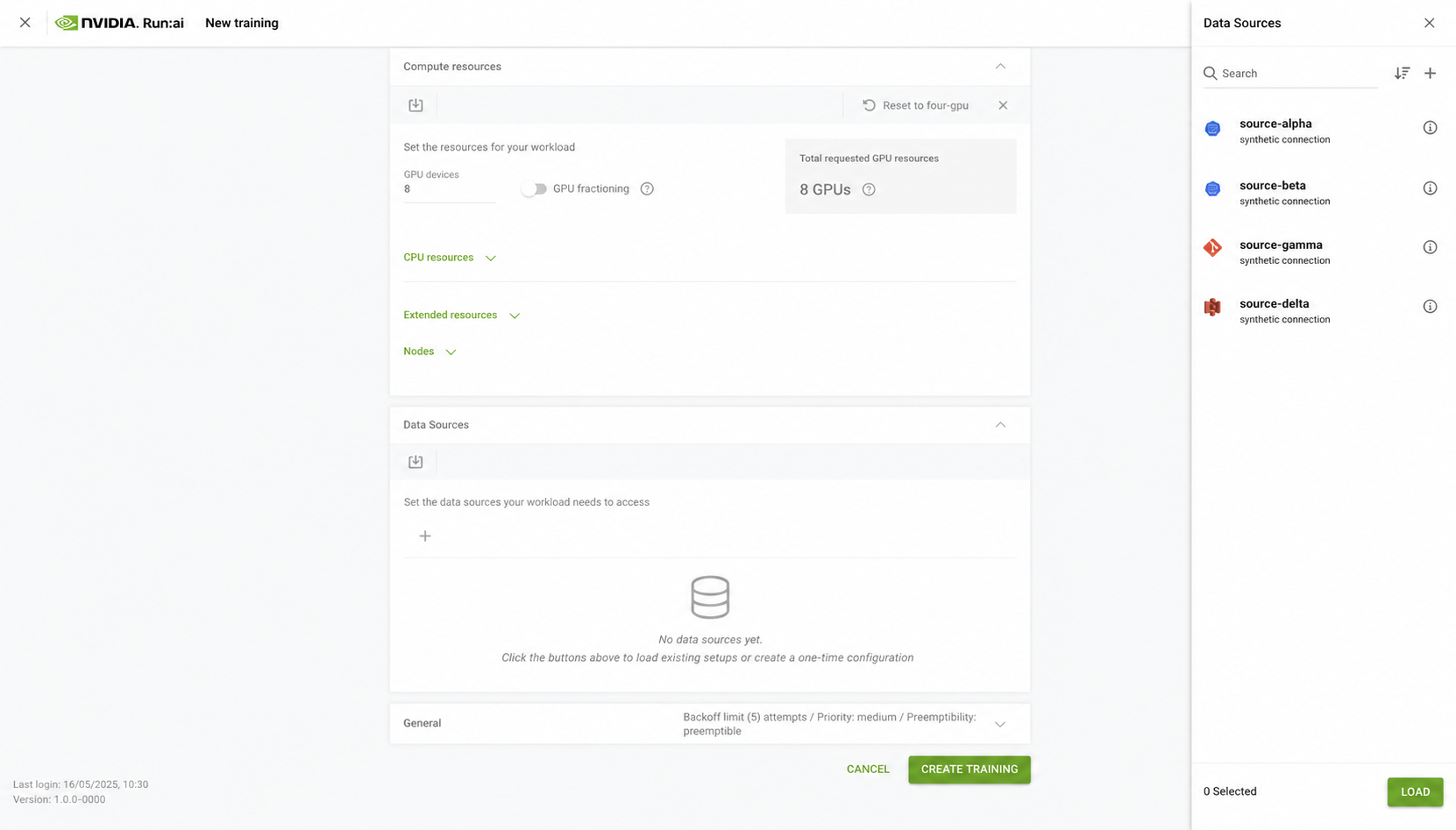 Run:ai New training Data Sources panel with synthetic source-alpha through source-delta entries