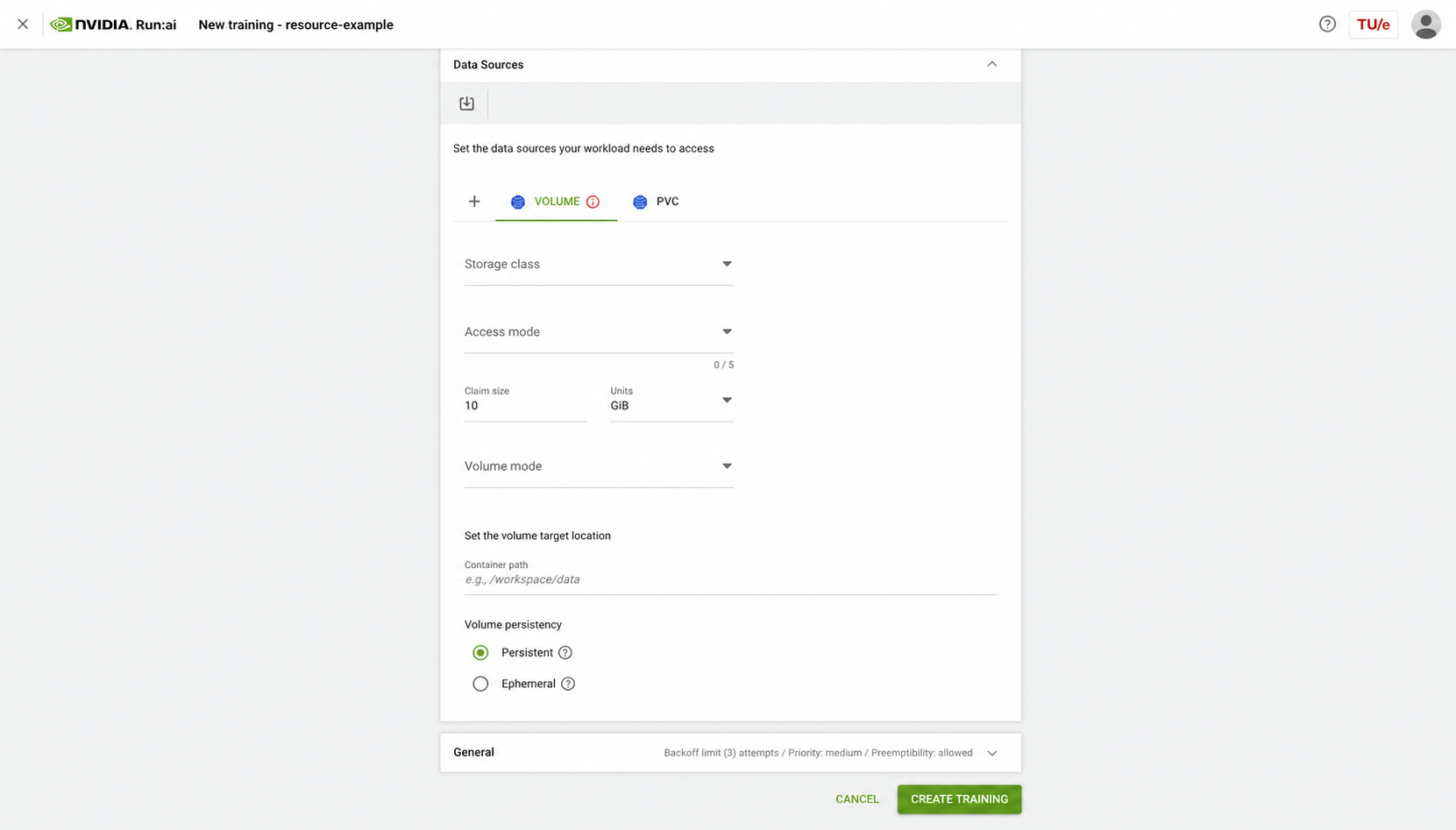 Run:ai New training volume configuration with synthetic resource-example values and persistent or ephemeral choices