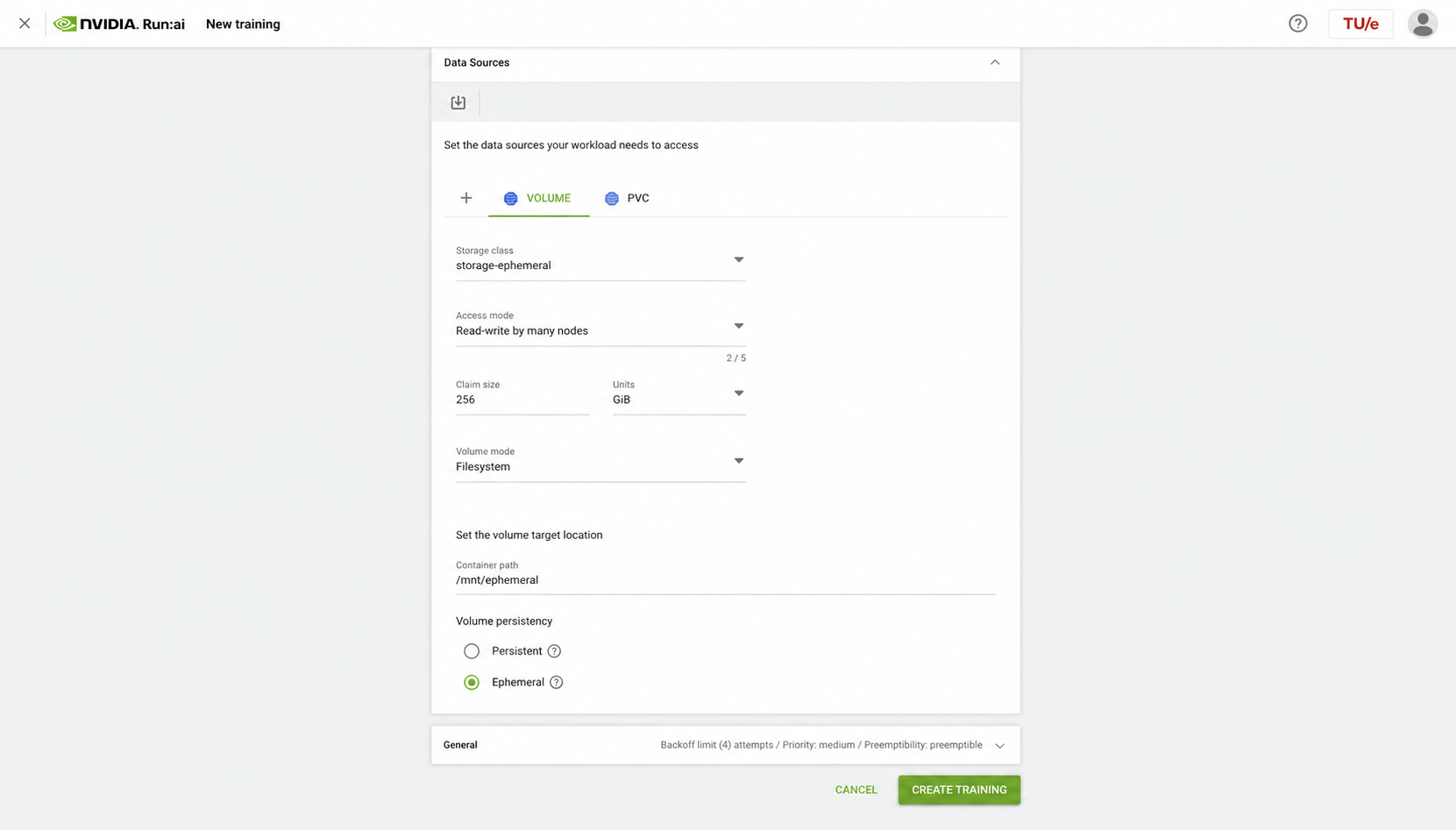 Run:ai New training ephemeral volume configuration with synthetic storage-ephemeral values