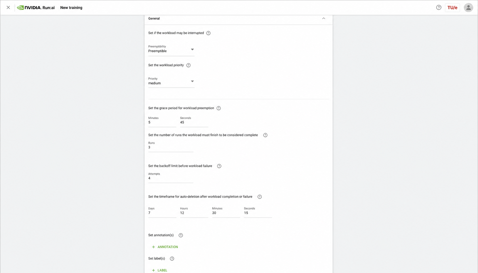 Run:ai New training General settings with synthetic preemptibility, priority, retry, and cleanup values