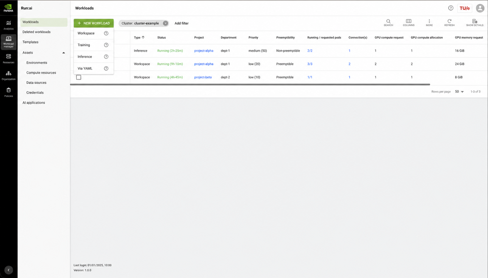 Run:ai Workloads page with the New Workload menu open and synthetic cluster, project, and workload values